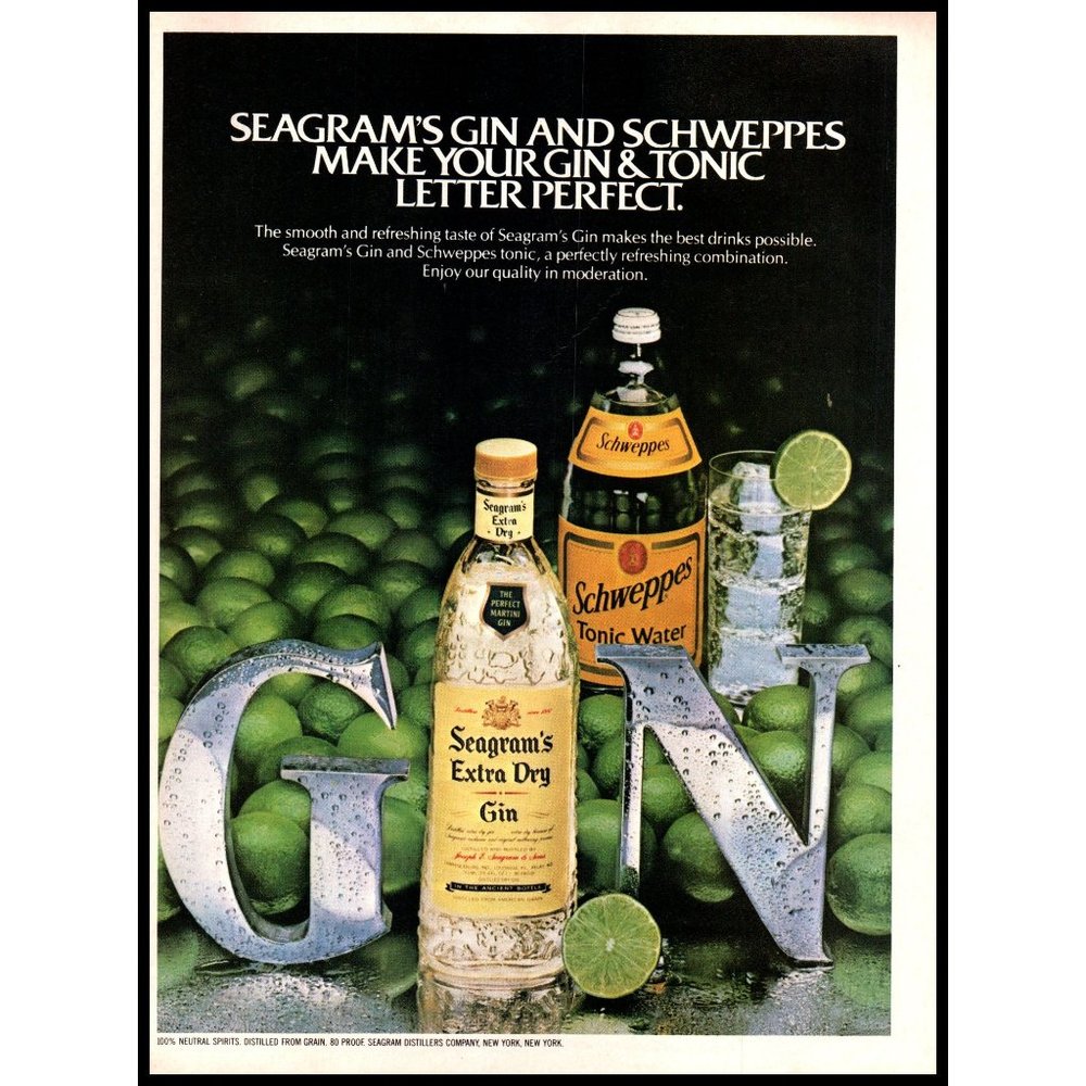 1982 Seagram's Gin and Tonic Vintage Print Ad Schweppes Lime Whole Limes Photo